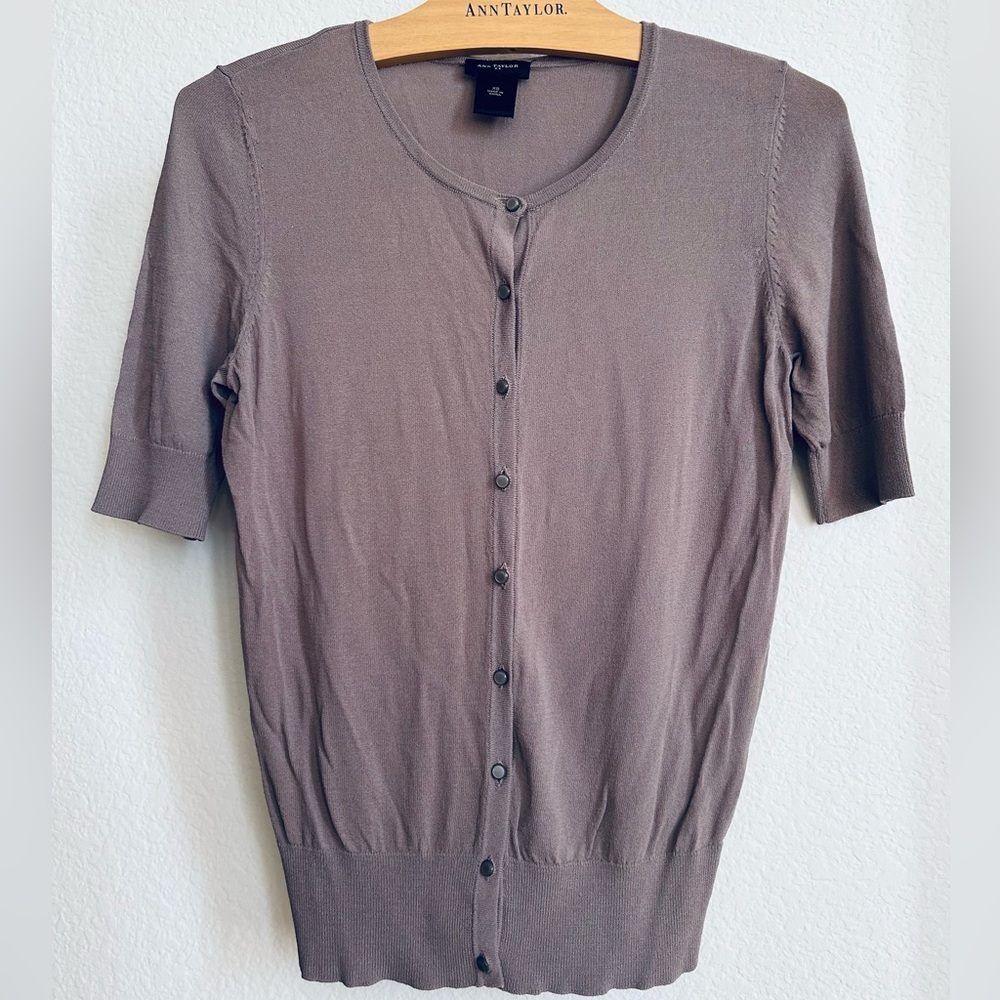 Ann Taylor Brown Short-Sleeve Button Cardigan